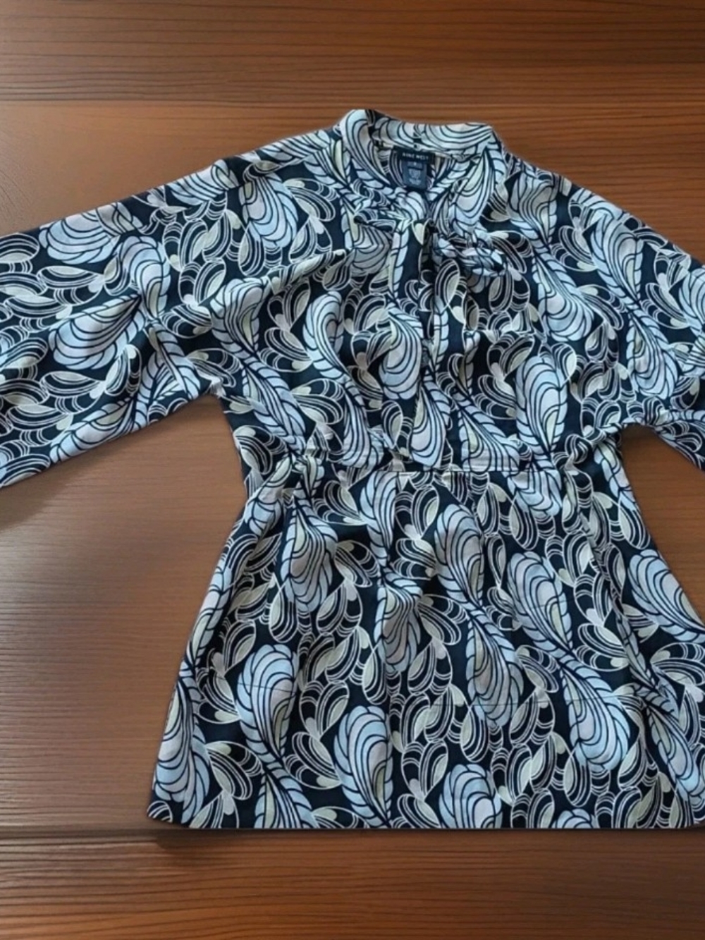 100% Silk, Nine West Black & White Long-Sleeve Tie-Neck Top.